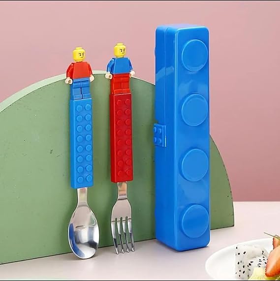 ji and ja Kids Stainless Steel Building Blocks Cutlery Set of 3, with Spoon and Fork, Interactive Lunch Set with Figures