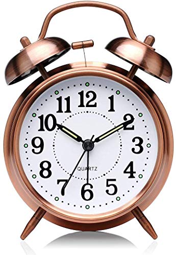 Ji and Ja Table Alarm Clock, Metal Twin Bell Analog Display with Night LED Light Battery Operated Loud Sound Alarm Voice Clock for Heavy Sleepers, Students, Bedroom/Office