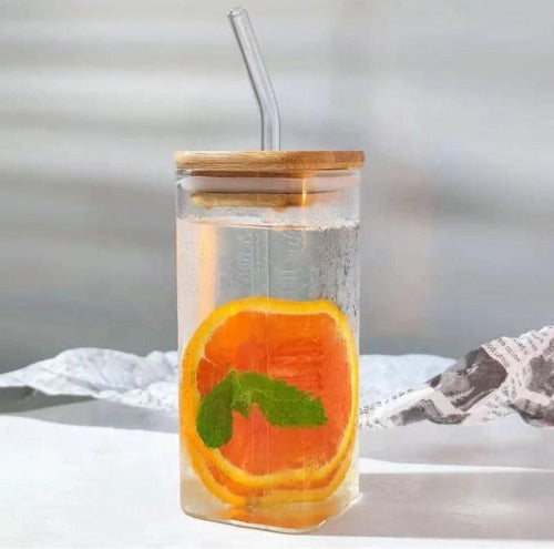 Square Glass Sipper with Bamboo Lid and Glass Straw 350ml Pack of 1