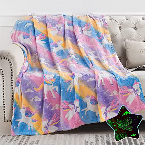 Glow in The Dark Blanket Small Rainbow Unicorn Print  Soft Cozy All Season Blankets