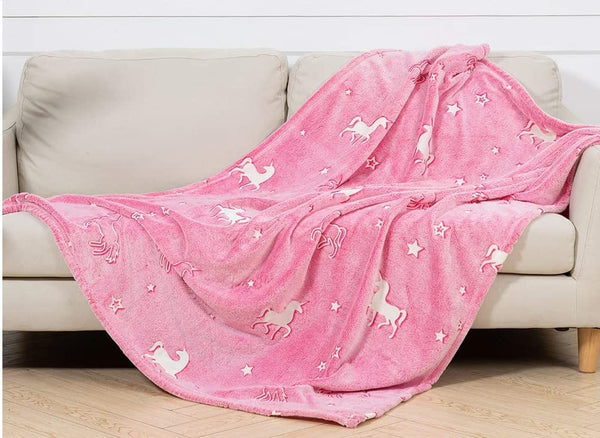 Glow in The Dark Small Pink Unicorn Print  Soft Cozy All Season Blankets