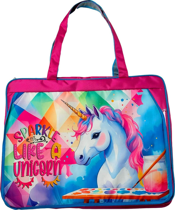 Ji and Ja A3 Size Drawing Activity Tote Carrying Bags with Multiple Pockets, Made fro Artist and Drawing Kids Multi Layer (Pink Unicorn)