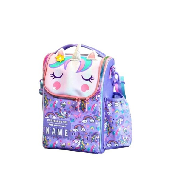purple unicorn lunch bag (vertical with bottle)